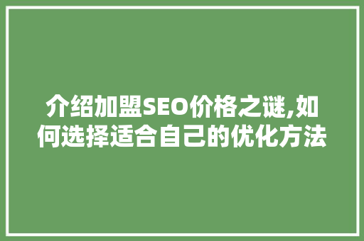 介绍加盟SEO价格之谜,如何选择适合自己的优化方法
