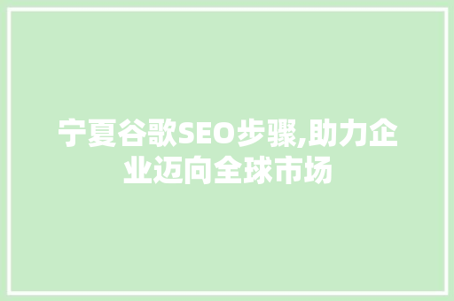 宁夏谷歌SEO步骤,助力企业迈向全球市场