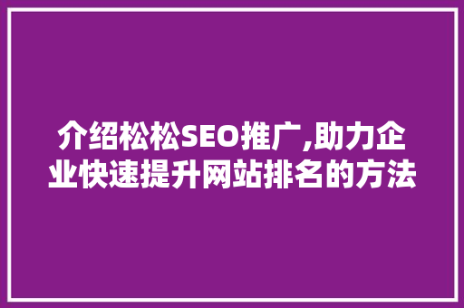 介绍松松SEO推广,助力企业快速提升网站排名的方法