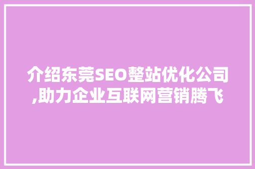 介绍东莞SEO整站优化公司,助力企业互联网营销腾飞