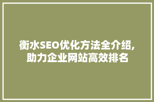 衡水SEO优化方法全介绍,助力企业网站高效排名
