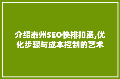 介绍泰州SEO快排扣费,优化步骤与成本控制的艺术