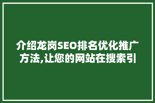 介绍龙岗SEO排名优化推广方法,让您的网站在搜索引擎中脱颖而出