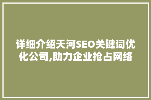 详细介绍天河SEO关键词优化公司,助力企业抢占网络市场制高点