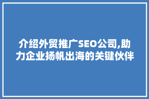 介绍外贸推广SEO公司,助力企业扬帆出海的关键伙伴