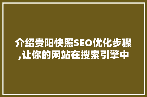 介绍贵阳快照SEO优化步骤,让你的网站在搜索引擎中脱颖而出