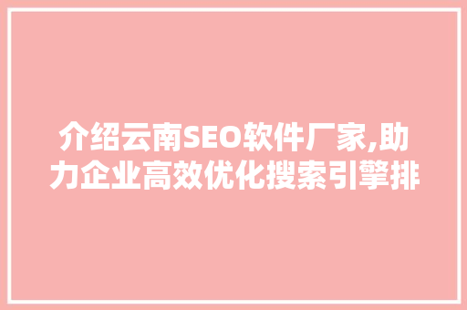 介绍云南SEO软件厂家,助力企业高效优化搜索引擎排名的秘密武器