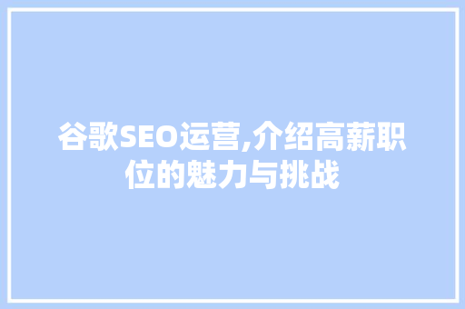 谷歌SEO运营,介绍高薪职位的魅力与挑战