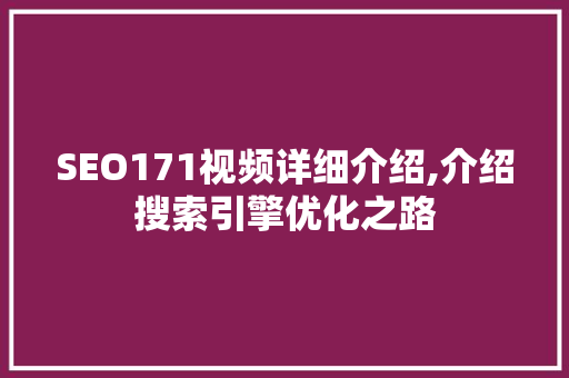 SEO171视频详细介绍,介绍搜索引擎优化之路
