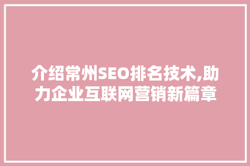 介绍常州SEO排名技术,助力企业互联网营销新篇章