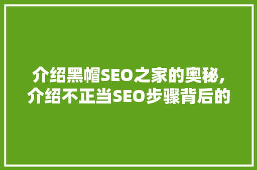 介绍黑帽SEO之家的奥秘,介绍不正当SEO步骤背后的真相