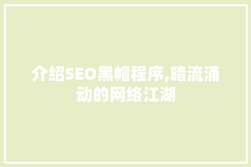 介绍SEO黑帽程序,暗流涌动的网络江湖