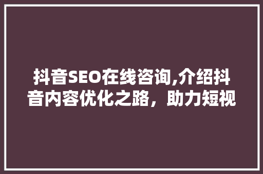 抖音SEO在线咨询,介绍抖音内容优化之路，助力短视频流量增长