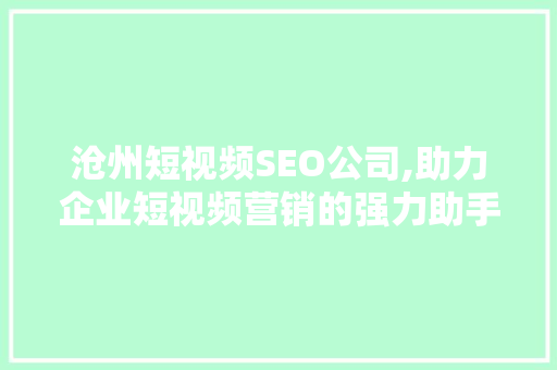 沧州短视频SEO公司,助力企业短视频营销的强力助手