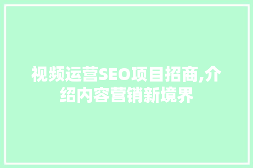 视频运营SEO项目招商,介绍内容营销新境界