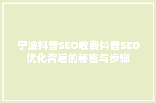 宁波抖音SEO收费抖音SEO优化背后的秘密与步骤