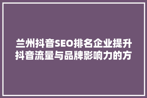 兰州抖音SEO排名企业提升抖音流量与品牌影响力的方法
