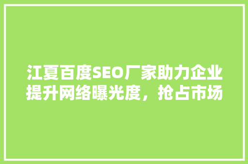 江夏百度SEO厂家助力企业提升网络曝光度，抢占市场先机