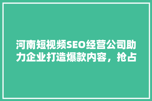 河南短视频SEO经营公司助力企业打造爆款内容，抢占流量高地