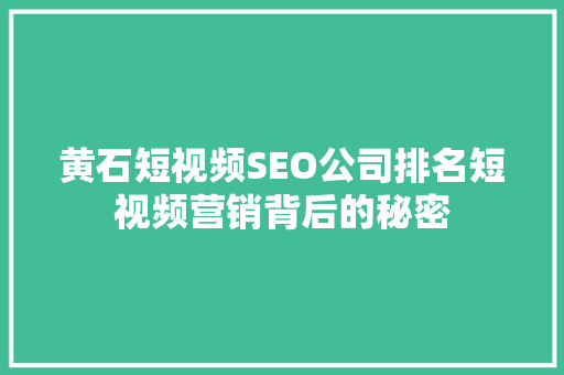 黄石短视频SEO公司排名短视频营销背后的秘密
