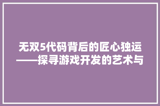 无双5代码背后的匠心独运——探寻游戏开发的艺术与科学  第1张
