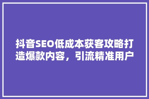 抖音SEO低成本获客攻略打造爆款内容，引流精准用户