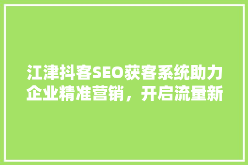 江津抖客SEO获客系统助力企业精准营销，开启流量新纪元