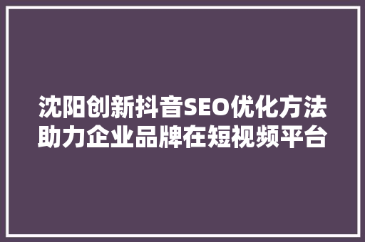 沈阳创新抖音SEO优化方法助力企业品牌在短视频平台脱颖而出