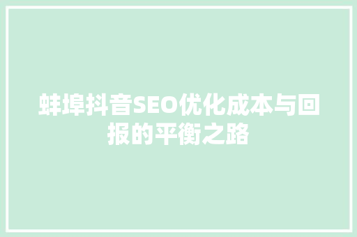 蚌埠抖音SEO优化成本与回报的平衡之路