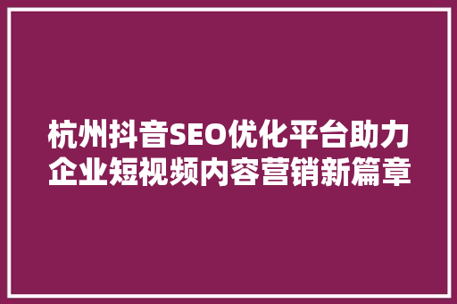 杭州抖音SEO优化平台助力企业短视频内容营销新篇章