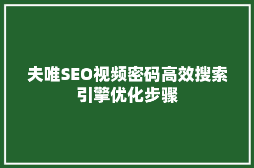 夫唯SEO视频密码高效搜索引擎优化步骤