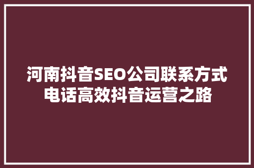 河南抖音SEO公司联系方式电话高效抖音运营之路