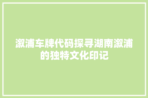 溆浦车牌代码探寻湖南溆浦的独特文化印记